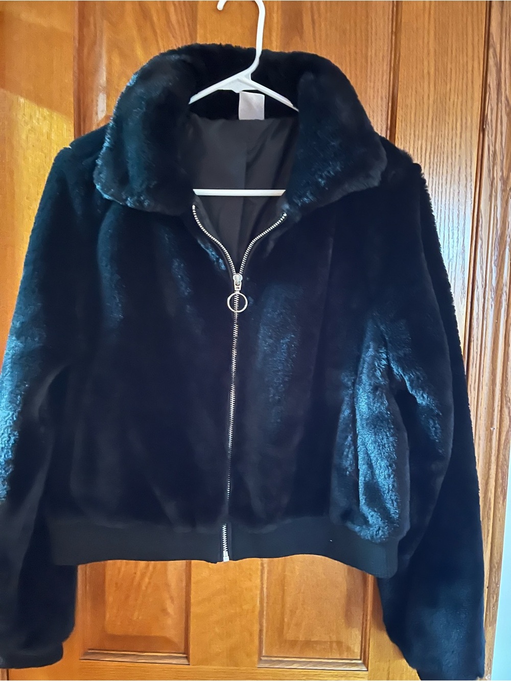 Women's Black Faux Fur Bomber Jacket with Zip